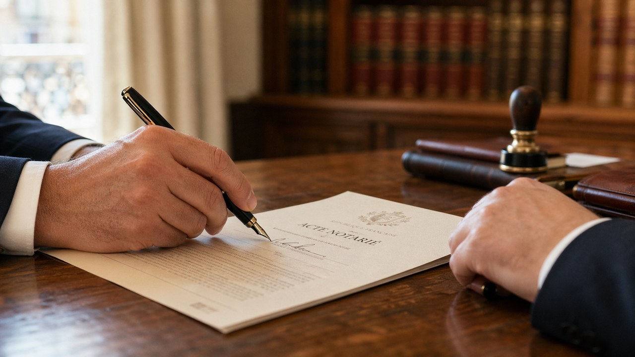 Signature d'un acte notarié dans une étude notariale française